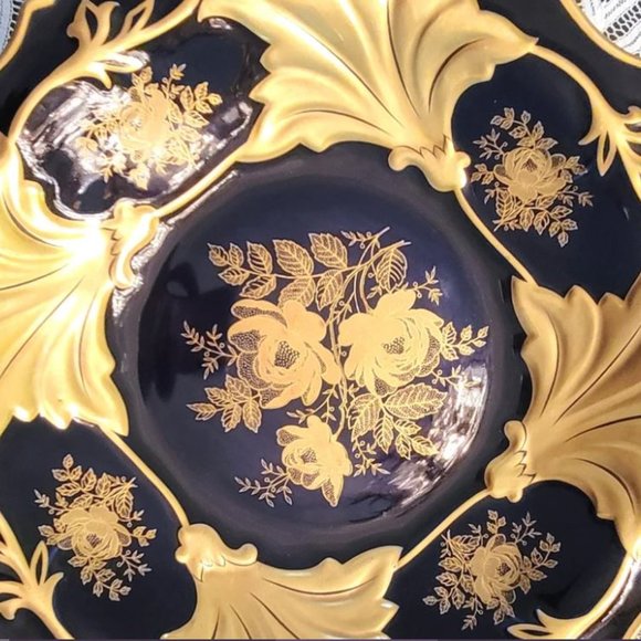 Vintage Jetta Cobalt Blue Gold Leaf Round Platter Bowl w/stand WEIMAR PORCELAIN - Picture 11 of 11